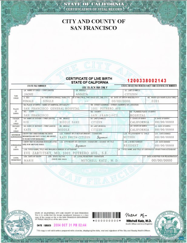 Download USA California state birth certificate template in PSD format Photoshop template
